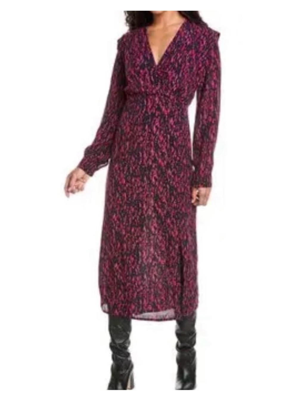ANNA KAY Marulyna Long Sleeve V-neck Midi Dress Navy Pink Red Print Size large.